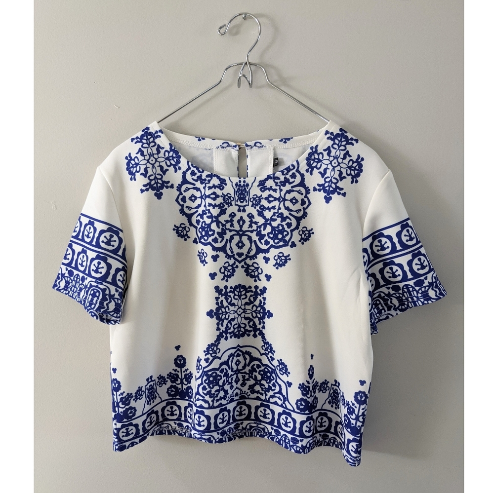 Porcelain Print Blue and White Crop Top